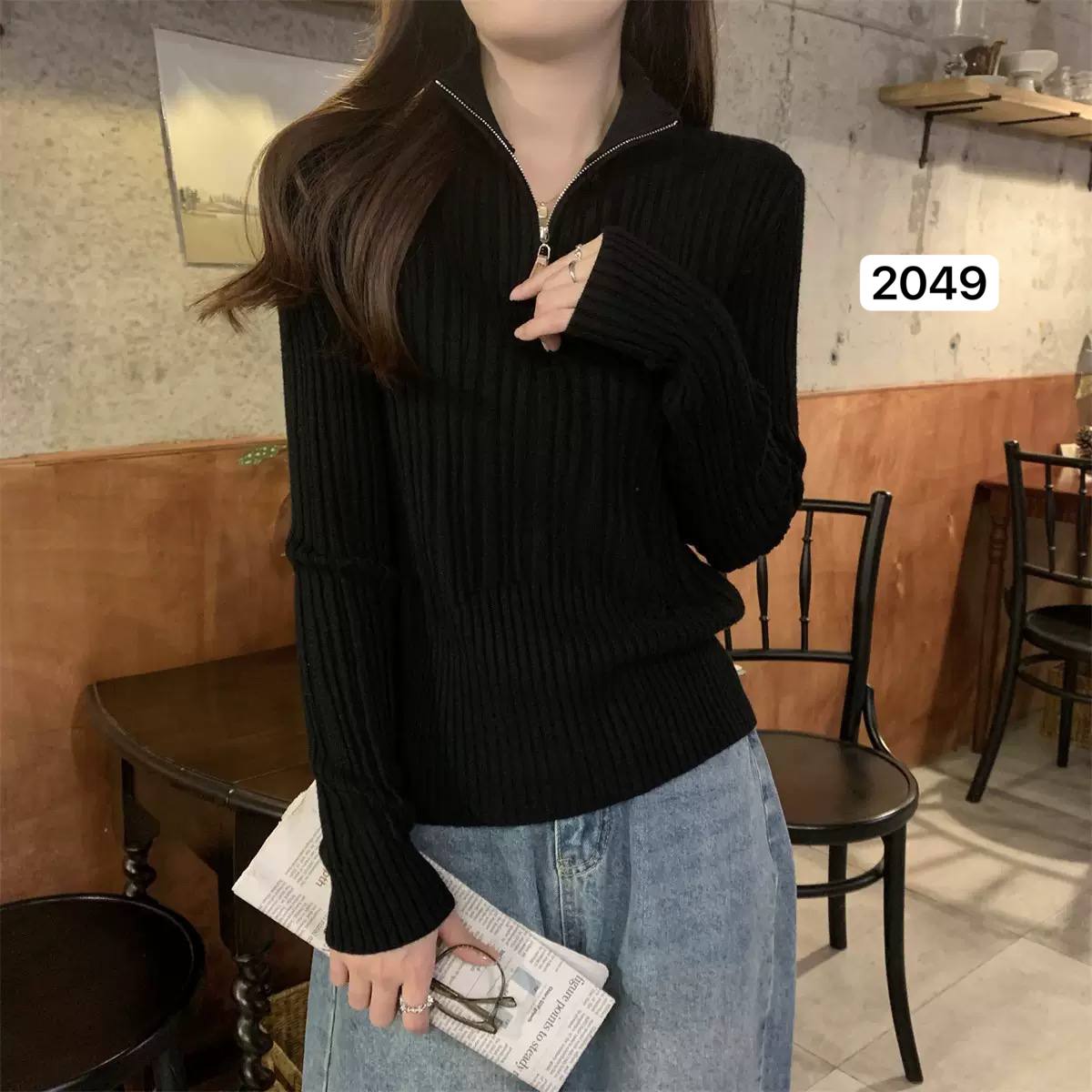 بلوز بافت مجلسی نیم زیپ زنانه کد 2049
