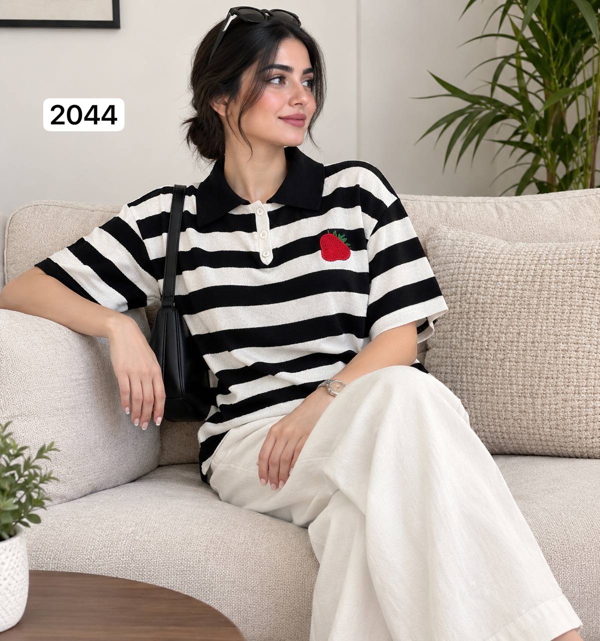 کراپ پولوشرت بافت توت فرنگی زنانه کد 2044